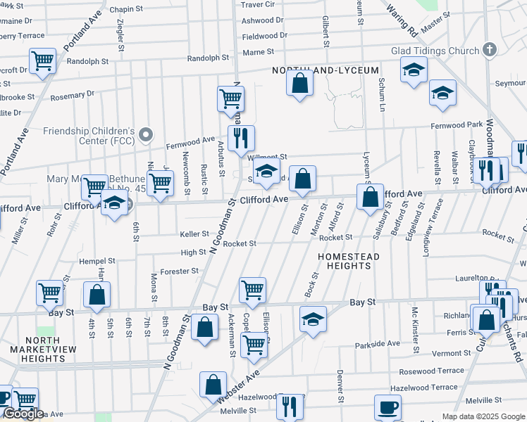 map of restaurants, bars, coffee shops, grocery stores, and more near 221 Baycliff Drive in Rochester