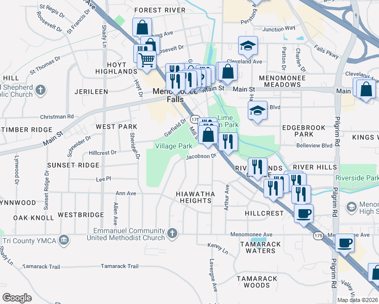 map of restaurants, bars, coffee shops, grocery stores, and more near N87W16543 Mill Street in Menomonee Falls