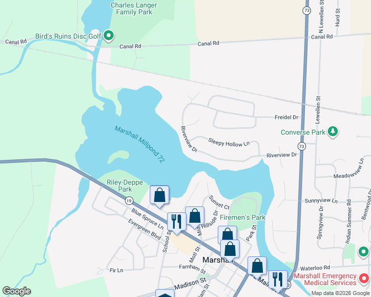 map of restaurants, bars, coffee shops, grocery stores, and more near 602 Riverview Drive in Marshall