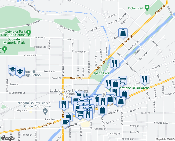 map of restaurants, bars, coffee shops, grocery stores, and more near 118 Gooding Street in Lockport