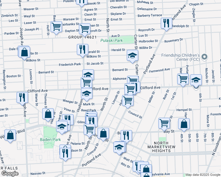 map of restaurants, bars, coffee shops, grocery stores, and more near Clifford Avenue & North Street in Rochester