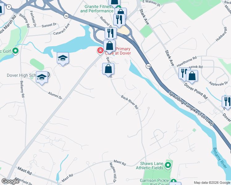 map of restaurants, bars, coffee shops, grocery stores, and more near 28 Back River Road in Dover