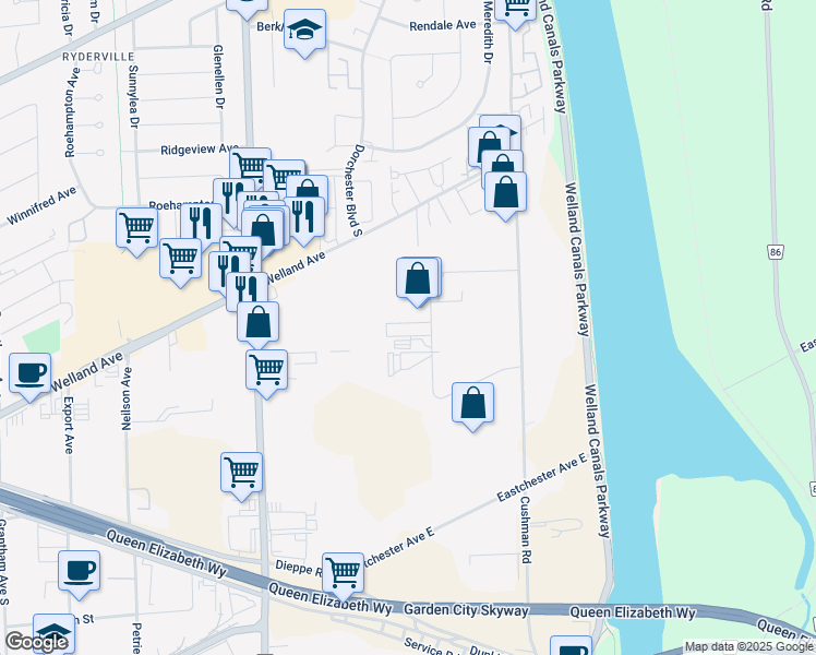 map of restaurants, bars, coffee shops, grocery stores, and more near 27 Seapark Drive in Saint Catharines