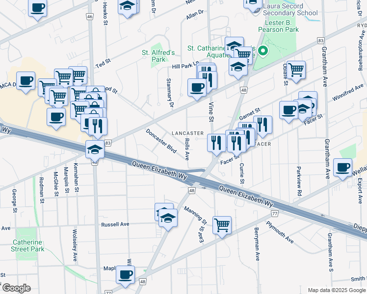map of restaurants, bars, coffee shops, grocery stores, and more near 3 Sandown Street in Saint Catharines