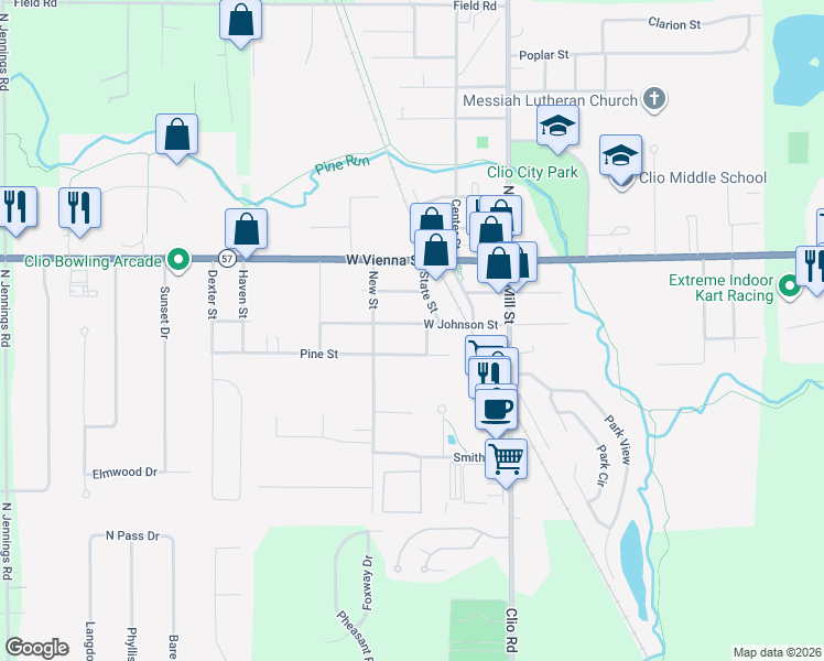 map of restaurants, bars, coffee shops, grocery stores, and more near 322 West Johnson Street in Clio