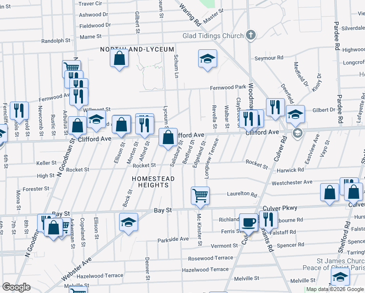 map of restaurants, bars, coffee shops, grocery stores, and more near 2055 Clifford Avenue in Rochester