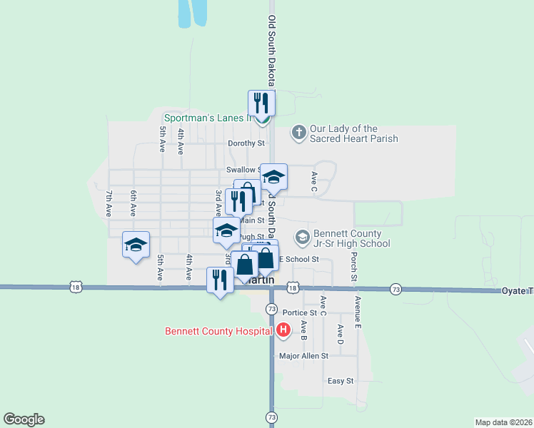 map of restaurants, bars, coffee shops, grocery stores, and more near 501 1st Avenue in Martin