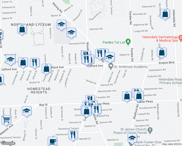 map of restaurants, bars, coffee shops, grocery stores, and more near 2267 Clifford Avenue in Rochester