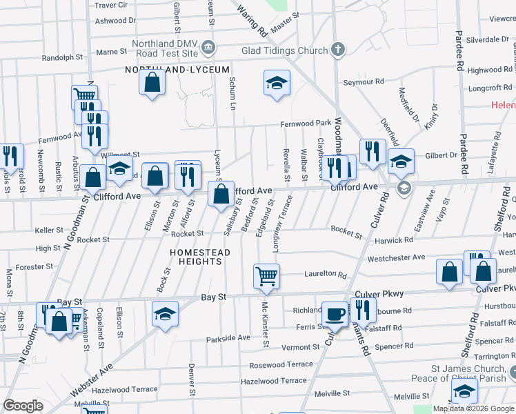 map of restaurants, bars, coffee shops, grocery stores, and more near 2109 Clifford Avenue in Rochester