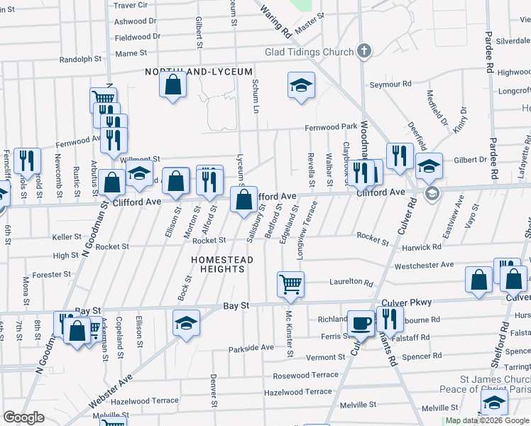 map of restaurants, bars, coffee shops, grocery stores, and more near 2055 Clifford Avenue in Rochester