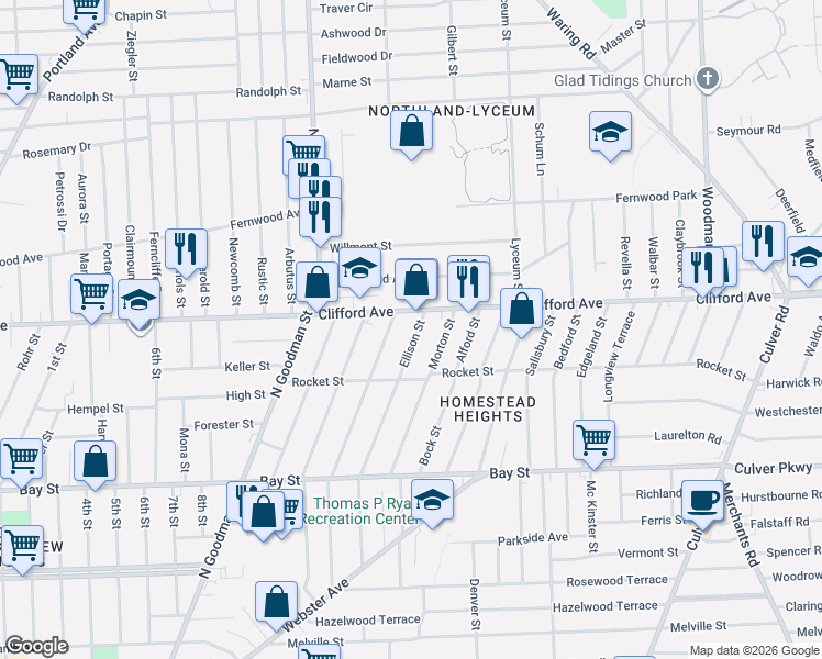 map of restaurants, bars, coffee shops, grocery stores, and more near 1844 Clifford Avenue in Rochester