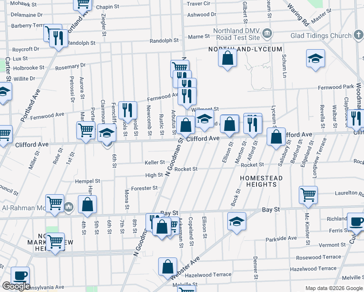 map of restaurants, bars, coffee shops, grocery stores, and more near 1730 Clifford Avenue in Rochester