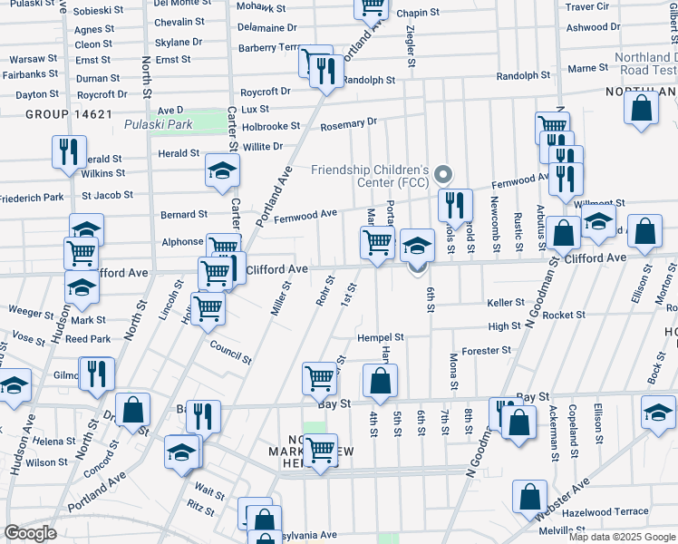 map of restaurants, bars, coffee shops, grocery stores, and more near 2 Renwood Street in Rochester