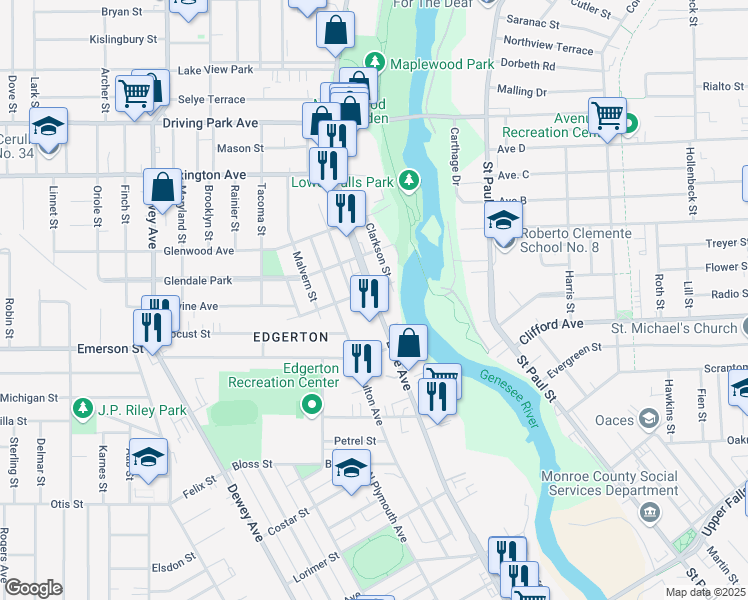 map of restaurants, bars, coffee shops, grocery stores, and more near 594 Lake Avenue in Rochester