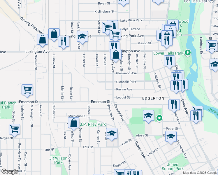 map of restaurants, bars, coffee shops, grocery stores, and more near in Rochester