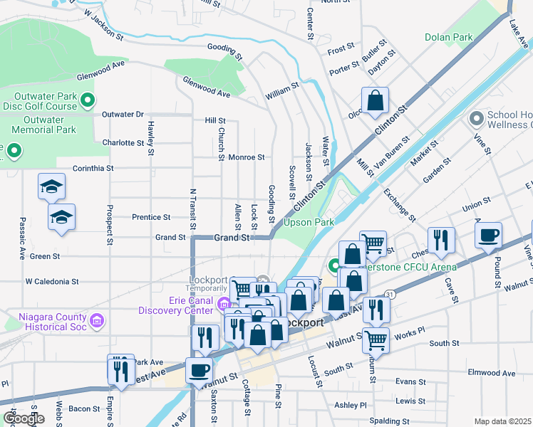 map of restaurants, bars, coffee shops, grocery stores, and more near 167 Lock Street in Lockport