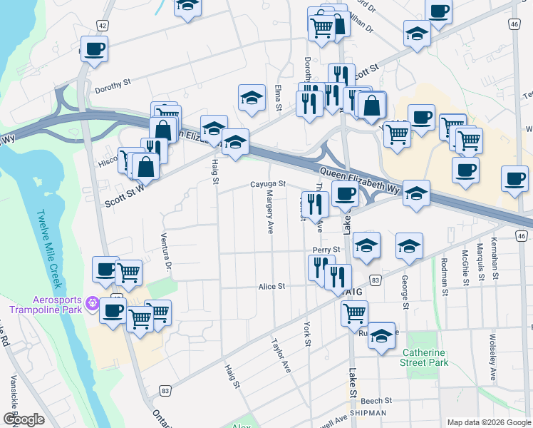 map of restaurants, bars, coffee shops, grocery stores, and more near in St. Catharines
