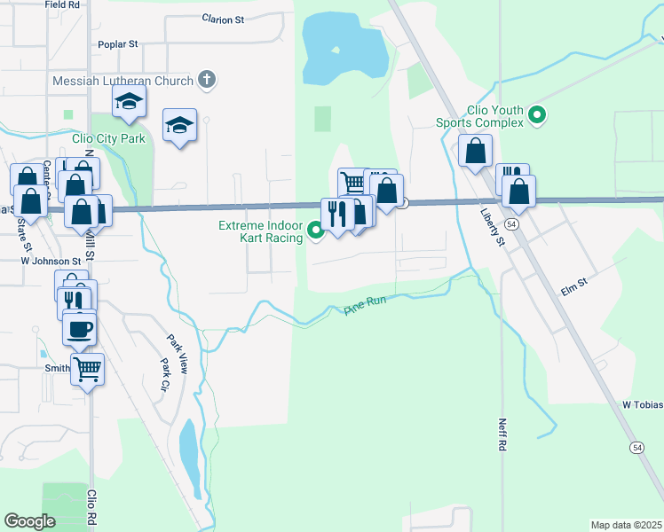map of restaurants, bars, coffee shops, grocery stores, and more near 2100 West Vienna Road in Clio