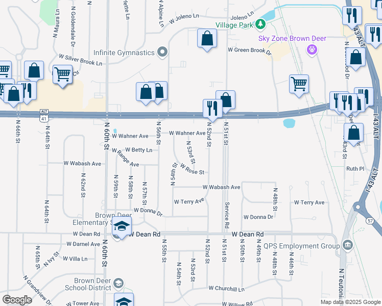 map of restaurants, bars, coffee shops, grocery stores, and more near 8701 North 53rd Street in Brown Deer