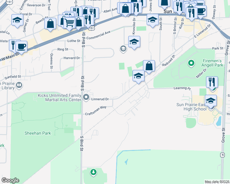 map of restaurants, bars, coffee shops, grocery stores, and more near 510 Linnerud Drive in Sun Prairie