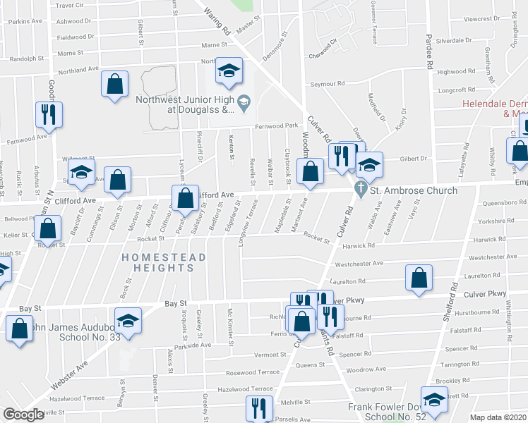 map of restaurants, bars, coffee shops, grocery stores, and more near 49 Lawndale Terrace in Rochester