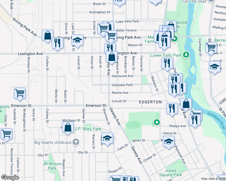 map of restaurants, bars, coffee shops, grocery stores, and more near 111 Glendale Park in Rochester
