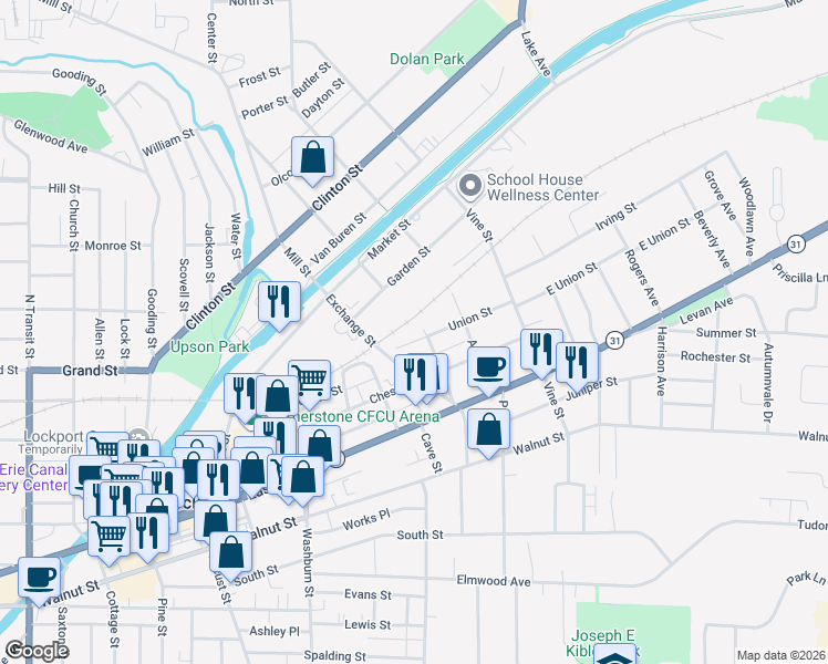 map of restaurants, bars, coffee shops, grocery stores, and more near 40 Exchange Street in Lockport