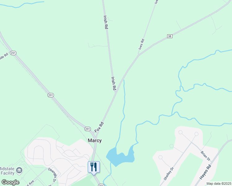 map of restaurants, bars, coffee shops, grocery stores, and more near Fox Road & Irish Road in Marcy