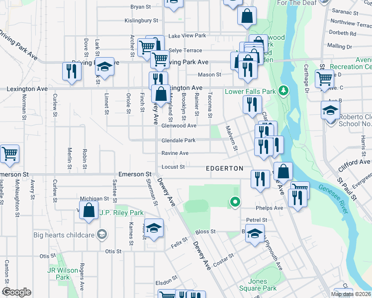 map of restaurants, bars, coffee shops, grocery stores, and more near 282 Ravine Avenue in Rochester