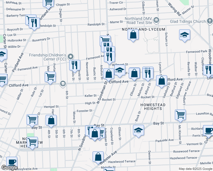 map of restaurants, bars, coffee shops, grocery stores, and more near 1730 Clifford Avenue in Rochester