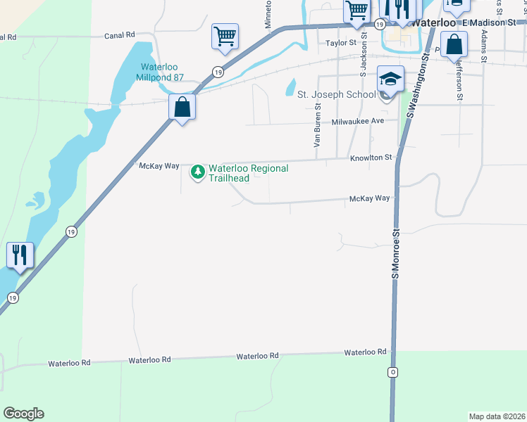 map of restaurants, bars, coffee shops, grocery stores, and more near 665 McKay Way in Waterloo