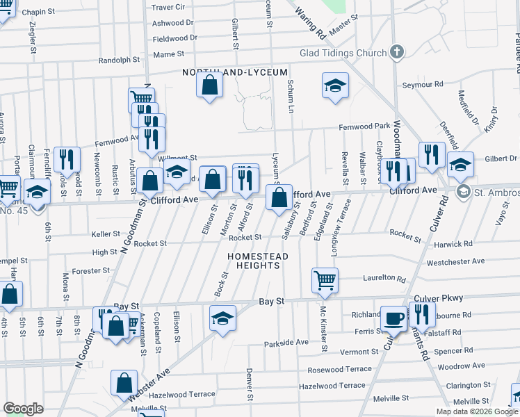 map of restaurants, bars, coffee shops, grocery stores, and more near in Rochester