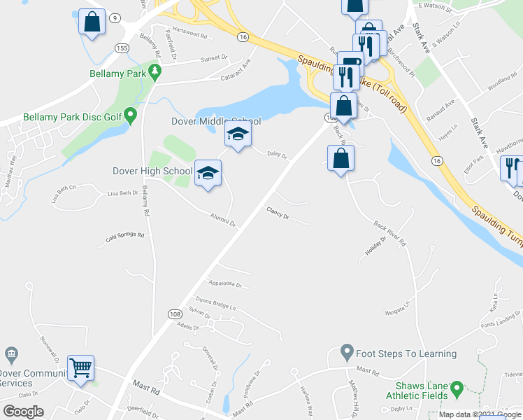 map of restaurants, bars, coffee shops, grocery stores, and more near 72 Durham Road in Dover