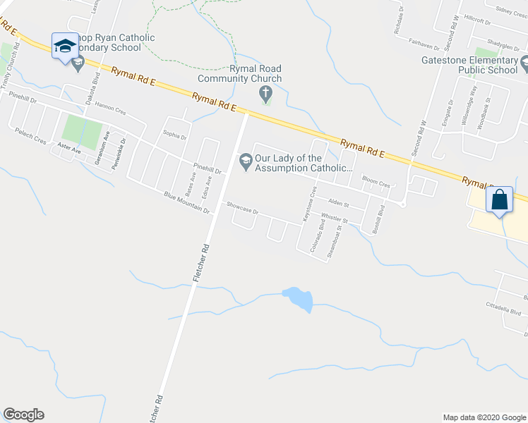 map of restaurants, bars, coffee shops, grocery stores, and more near 61 Showcase Drive in Hamilton
