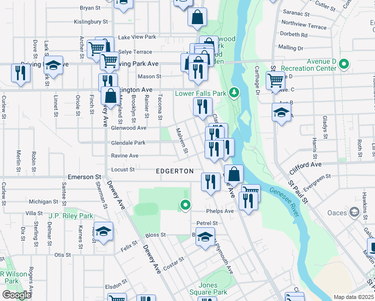 map of restaurants, bars, coffee shops, grocery stores, and more near 16 Malvern Street in Rochester