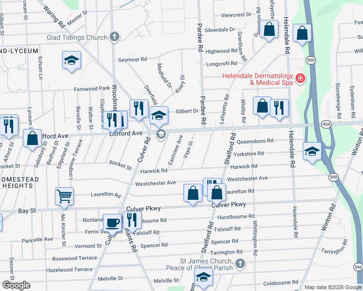 map of restaurants, bars, coffee shops, grocery stores, and more near 108 Eastview Avenue in Irondequoit