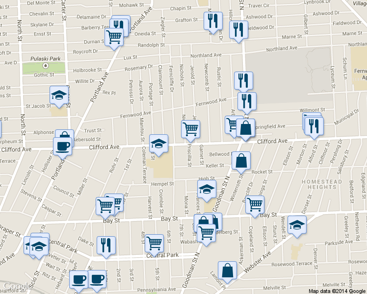 map of restaurants, bars, coffee shops, grocery stores, and more near 1516 Clifford Avenue in Rochester