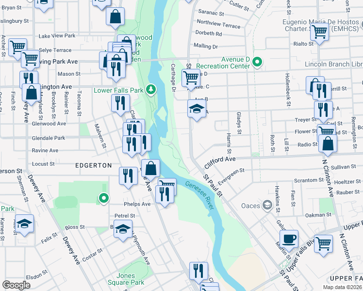 map of restaurants, bars, coffee shops, grocery stores, and more near 7 Riverbank Place in Rochester
