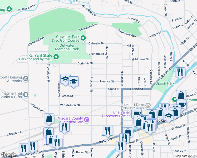 map of restaurants, bars, coffee shops, grocery stores, and more near 276 Washington Street in Lockport