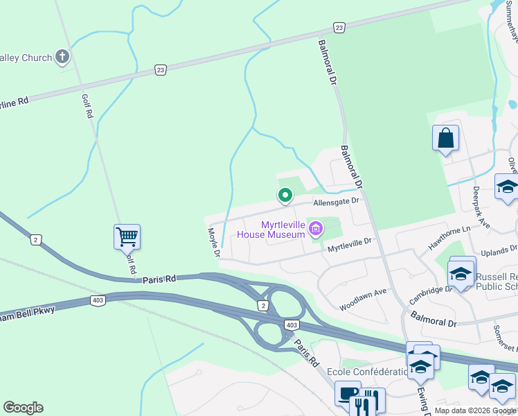 map of restaurants, bars, coffee shops, grocery stores, and more near 66 Allensgate Drive in Brantford