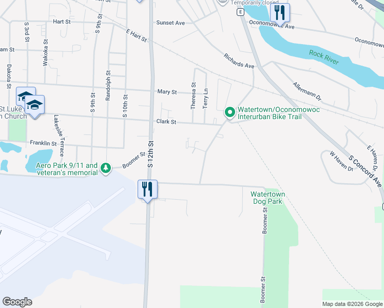 map of restaurants, bars, coffee shops, grocery stores, and more near 16 Pine Ridge Court in Watertown