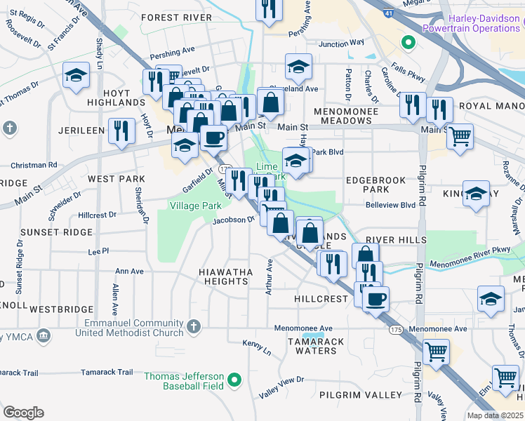 map of restaurants, bars, coffee shops, grocery stores, and more near 16392 Appleton Avenue in Menomonee Falls