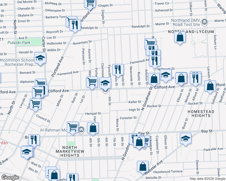map of restaurants, bars, coffee shops, grocery stores, and more near 1517 Clifford Avenue in Rochester