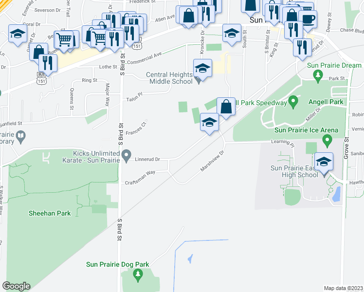 map of restaurants, bars, coffee shops, grocery stores, and more near 510 Linnerud Drive in Sun Prairie