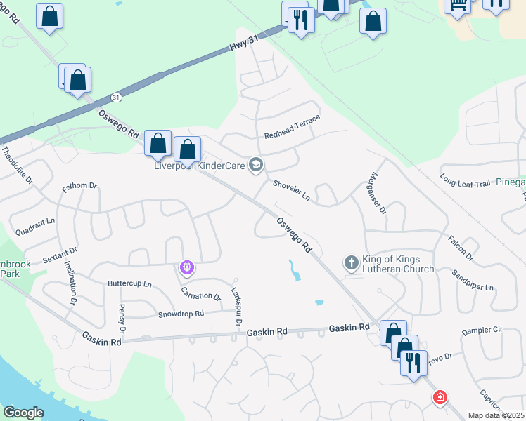 map of restaurants, bars, coffee shops, grocery stores, and more near 4214 Anguilla Drive in Liverpool