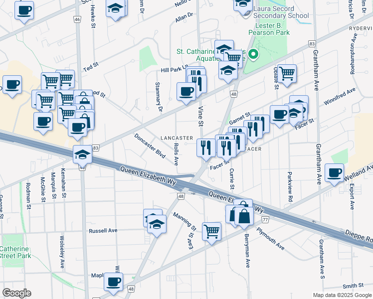 map of restaurants, bars, coffee shops, grocery stores, and more near 12 Holden Street in Saint Catharines