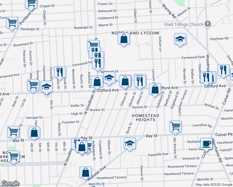 map of restaurants, bars, coffee shops, grocery stores, and more near 1844 Clifford Avenue in Rochester