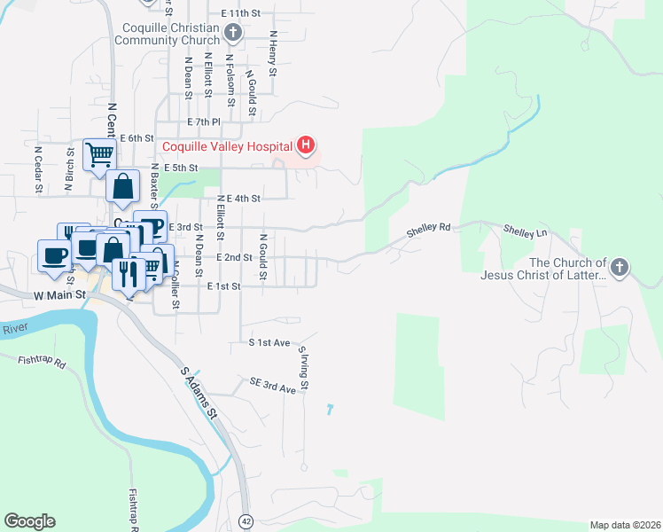 map of restaurants, bars, coffee shops, grocery stores, and more near 180 North Johnson Street in Coquille