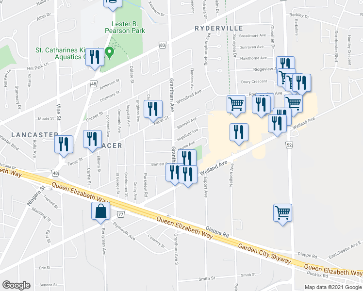 map of restaurants, bars, coffee shops, grocery stores, and more near 3 Myrtle Avenue in Saint Catharines