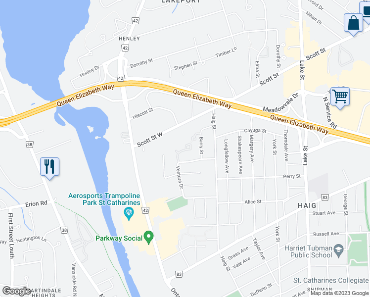 map of restaurants, bars, coffee shops, grocery stores, and more near 18 Barry Street in St. Catharines